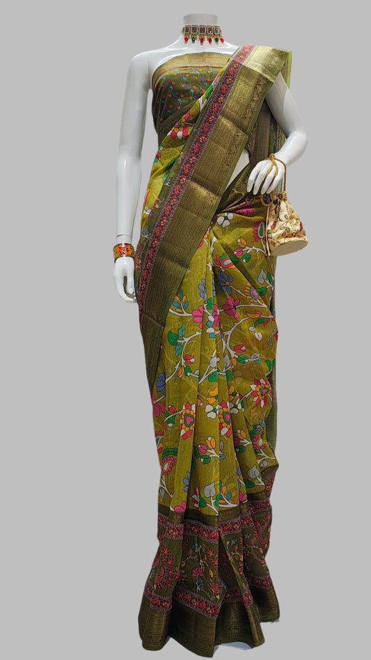 Chanderi Cotton Digital Print Green Designer Saree With Unstitched Blouse