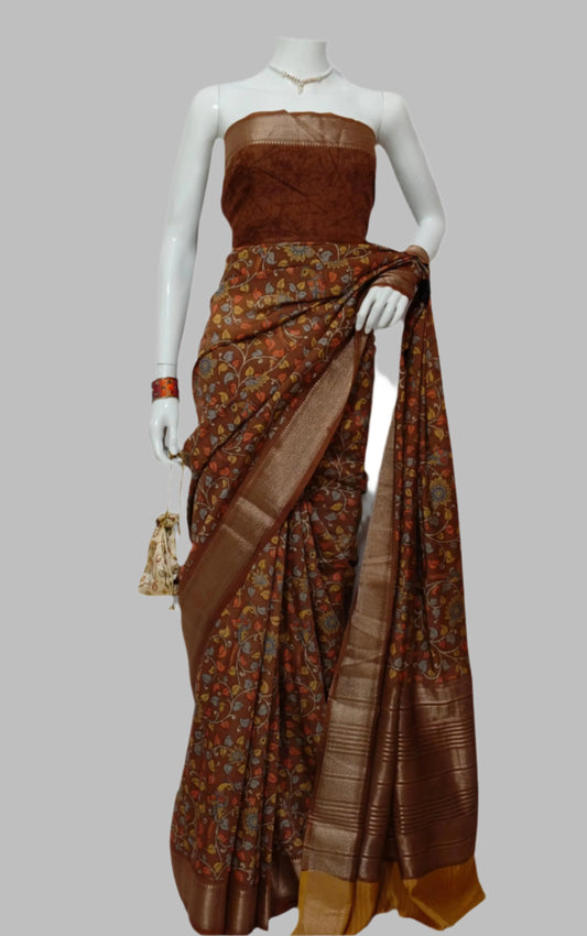 Assam Silk Kalamkari Print Brown Banarasi Saree With Unstitched Blouse