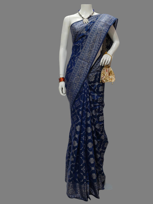 Cotton Silk Navy Blue Banarasi Saree With Unstitched Blouse