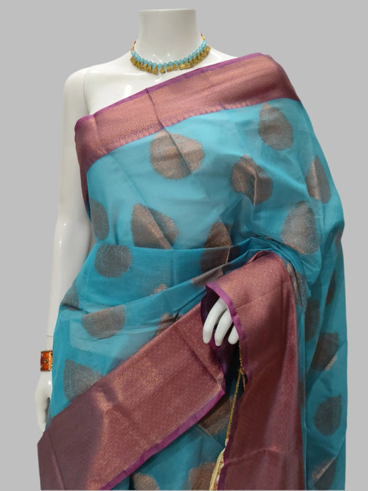 Cotton Silk Blue Banarasi Saree With Unstitched Blouse
