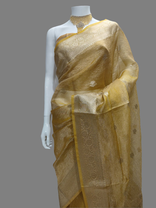 Crush Tissue Yellow Banarasi Saree With Unstitched Blouse
