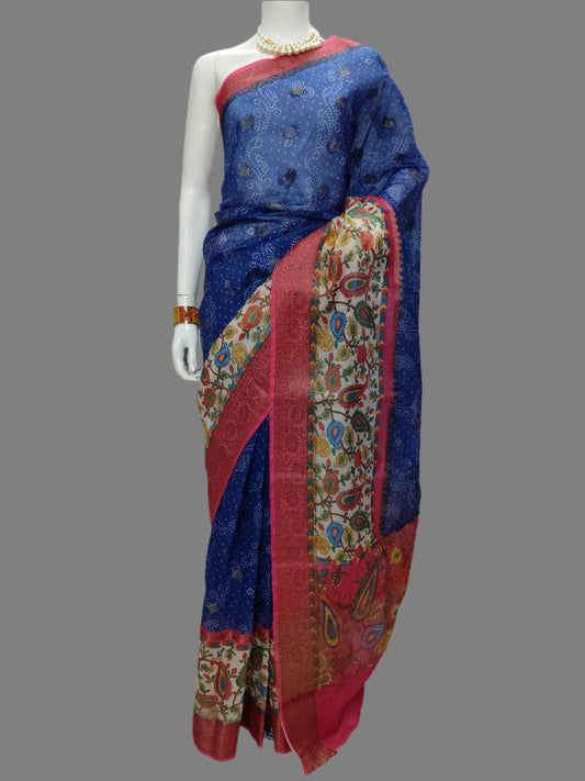 Chanderi Cotton Digital Print Blue Banarasi Saree With Unstitched Blouse