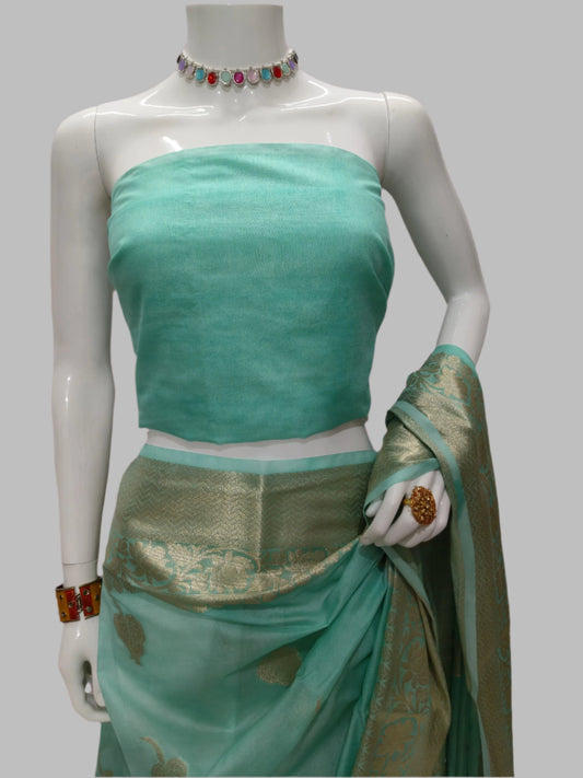 Georgette Silk Pista Color Banarasi Saree With Unstitched Blouse