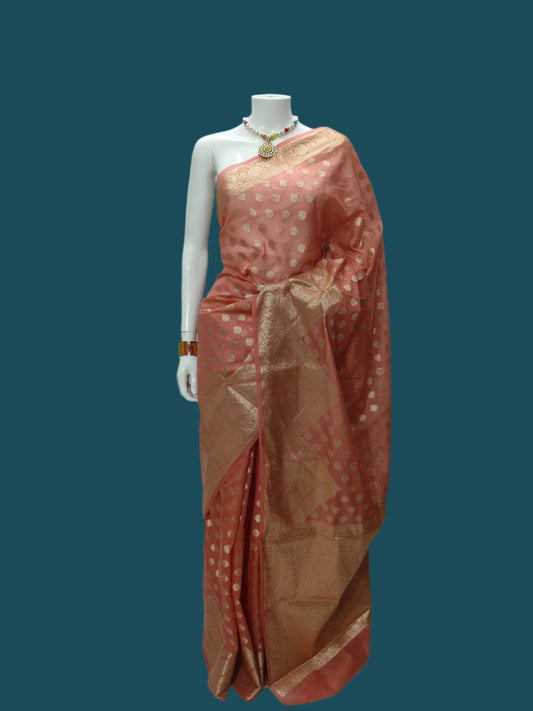 Georgette Silk Peach Color Banarasi Saree With Unstitched Blouse