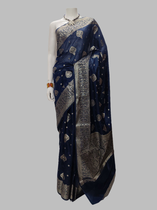Georgette Silk Navy Blue Banarasi Saree With Unstitched Blouse