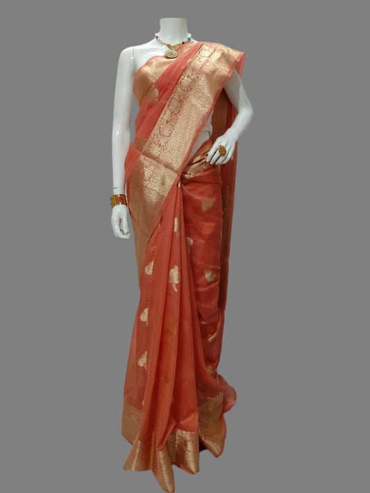 Georgette Silk Peach Color Banarasi Saree With Unstitched Blouse