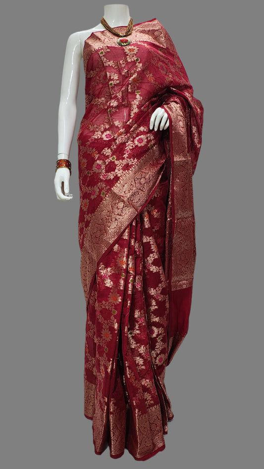 Georgette Silk Meena Jal Maroon Banarasi Saree With Unstitched Blouse