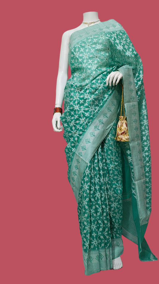 Cotton Silk Green Banarasi Saree With Unstitched Blouse
