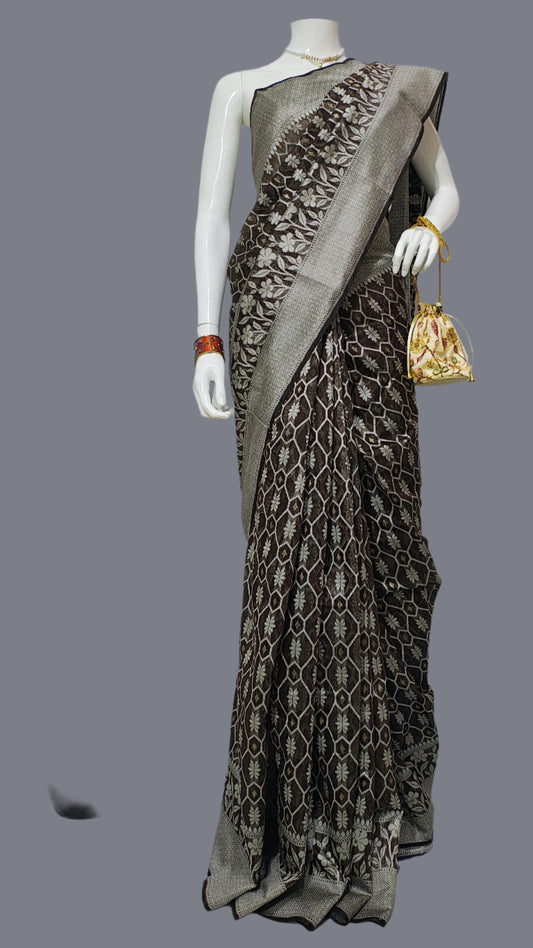 Cotton Silk Brown Banarasi Saree With Unstitched Blouse