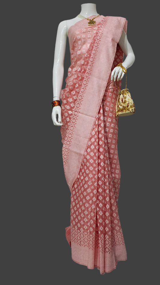Cotton Silk Peach color Banarasi Saree With Unstitched Blouse