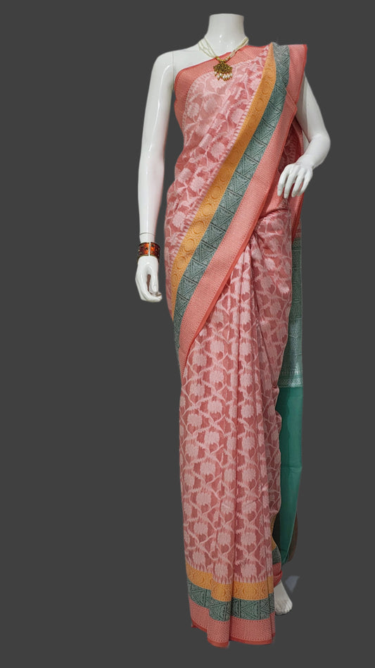 Cotton Silk Peach color Banarasi Saree With Unstitched Blouse