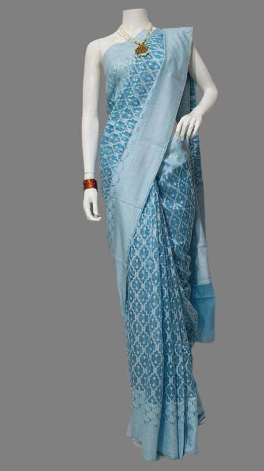 Cotton Silk Sky Blue Banarasi Saree With Unstitched Blouse