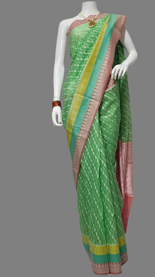 Cotton Silk Green Banarasi Saree With Unstitched Blouse