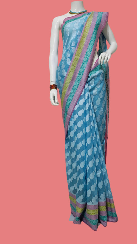 Cotton Silk Blue Banarasi Saree With Unstitched Blouse