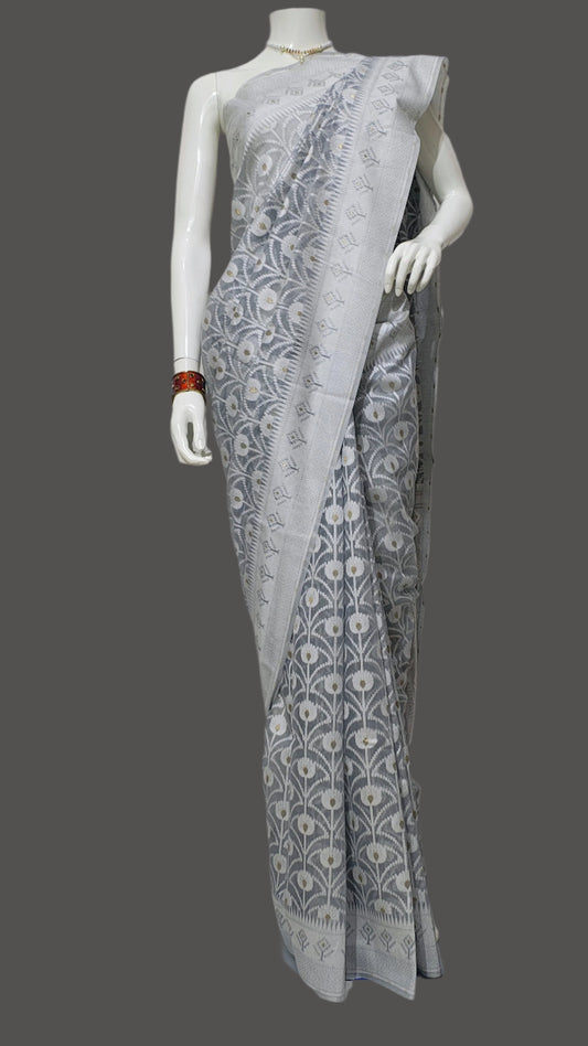 Cotton Silk Grey Banarasi Saree With Unstitched Blouse