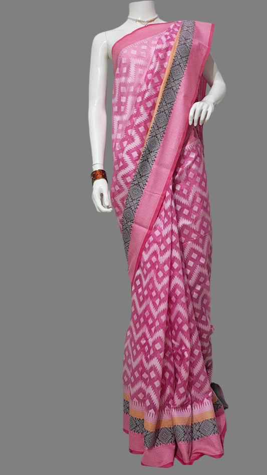 Cotton Silk Pink Banarasi Saree With Unstitched Blouse