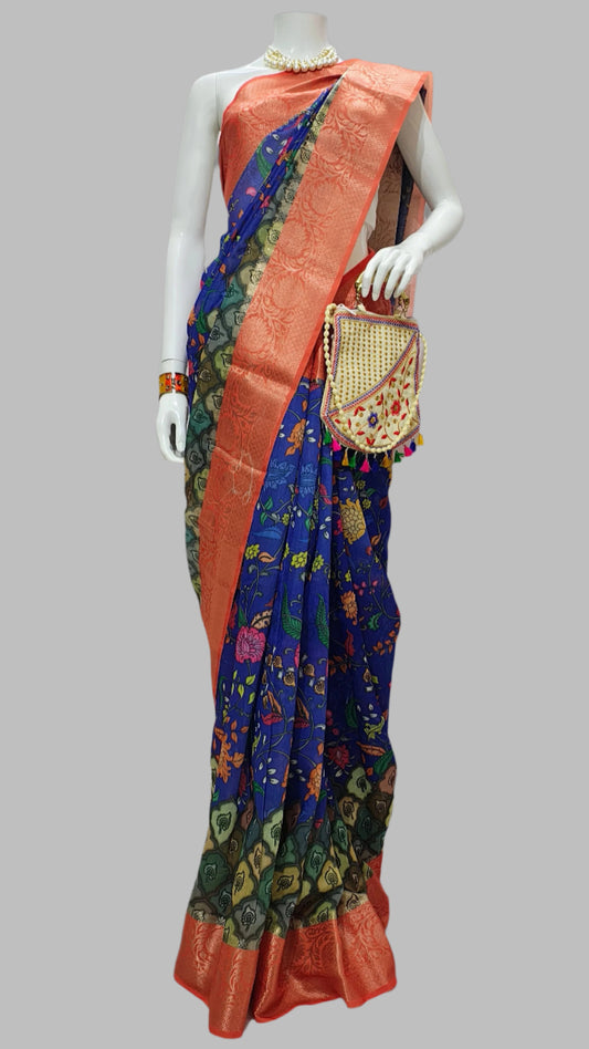 Blue Chanderi Cotton Digital Print Saree With Unstitched Blouse Piece