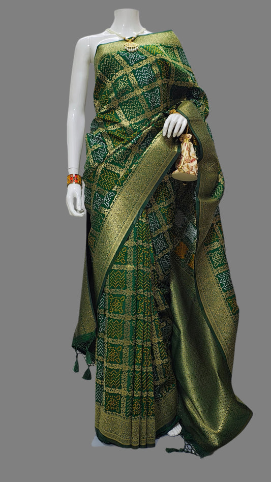 Cotton Silk Green Alwar Weaving Banarasi Saree With Unstitched Blouse