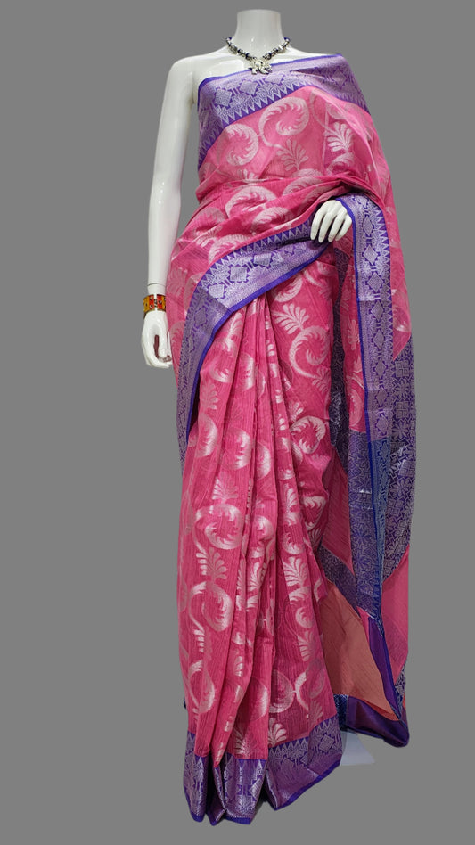 Cotton Silk Silver Jal Web Design Pink Banarasi Saree with Unstitched Blouse
