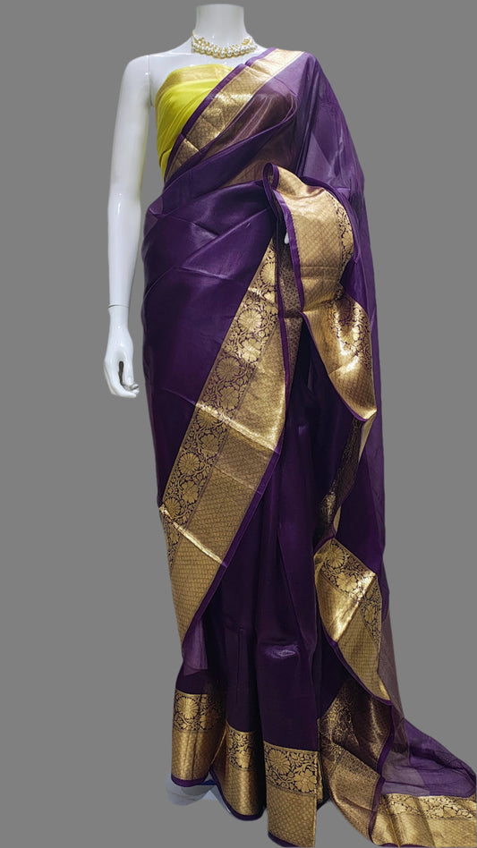 Digital Print Tissue Purple Banarasi Saree With Unstitched Blouse