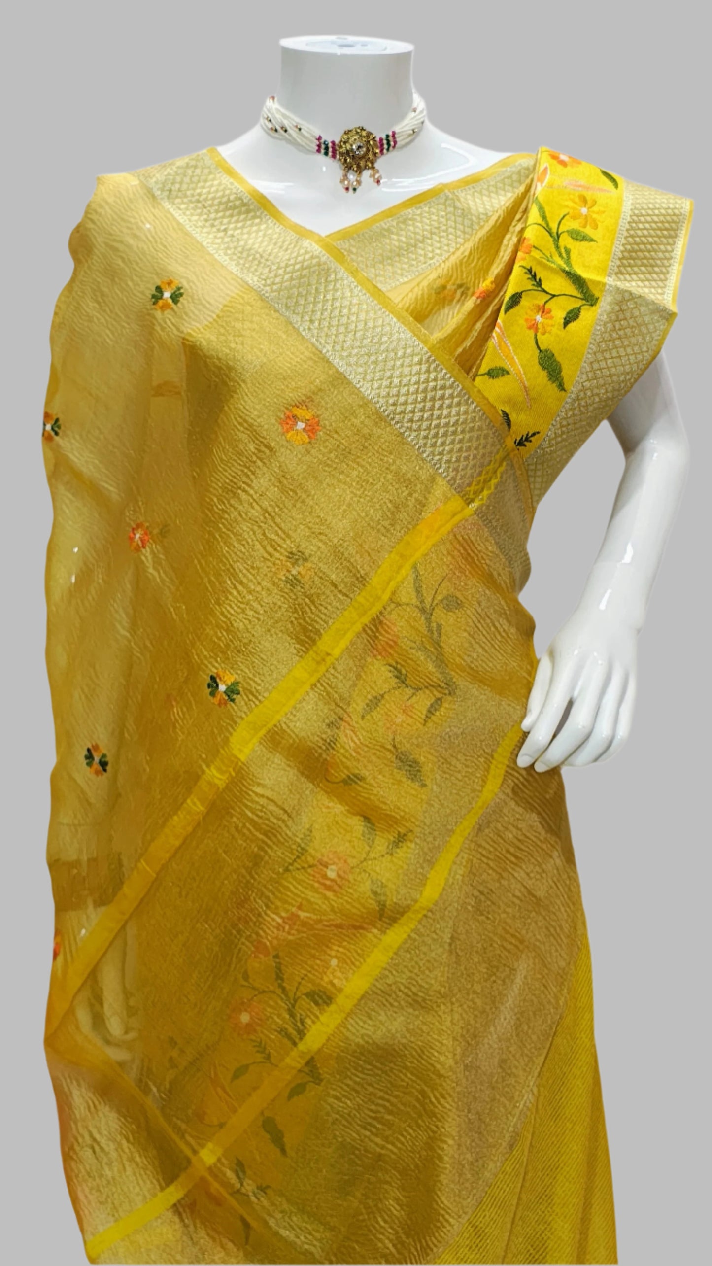 Tissue Crush Yellow Designer Saree With Unstitched Blouse