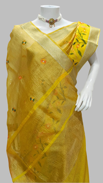 Tissue Crush Yellow Designer Saree With Unstitched Blouse