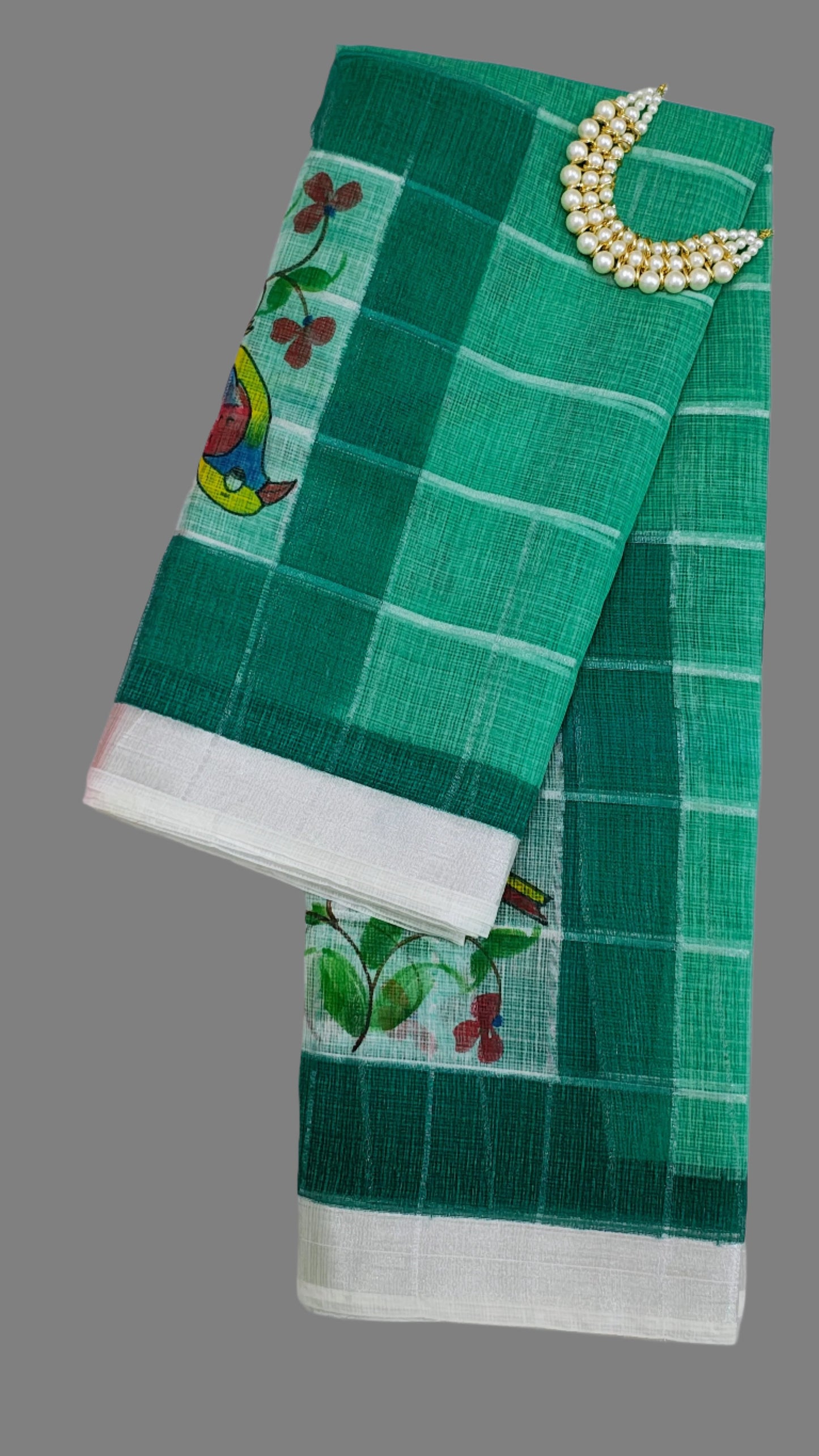 Green Kota Doria Hand Printed Banarasi Saree