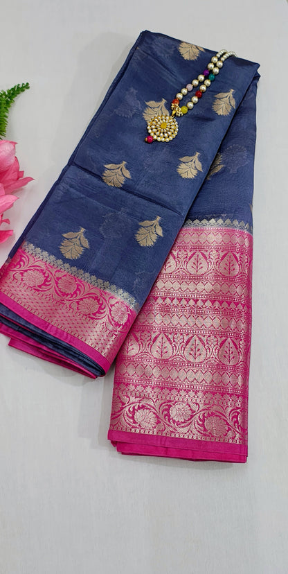 Blue Banarasi Silk Saree With Mango Contrast Weaving