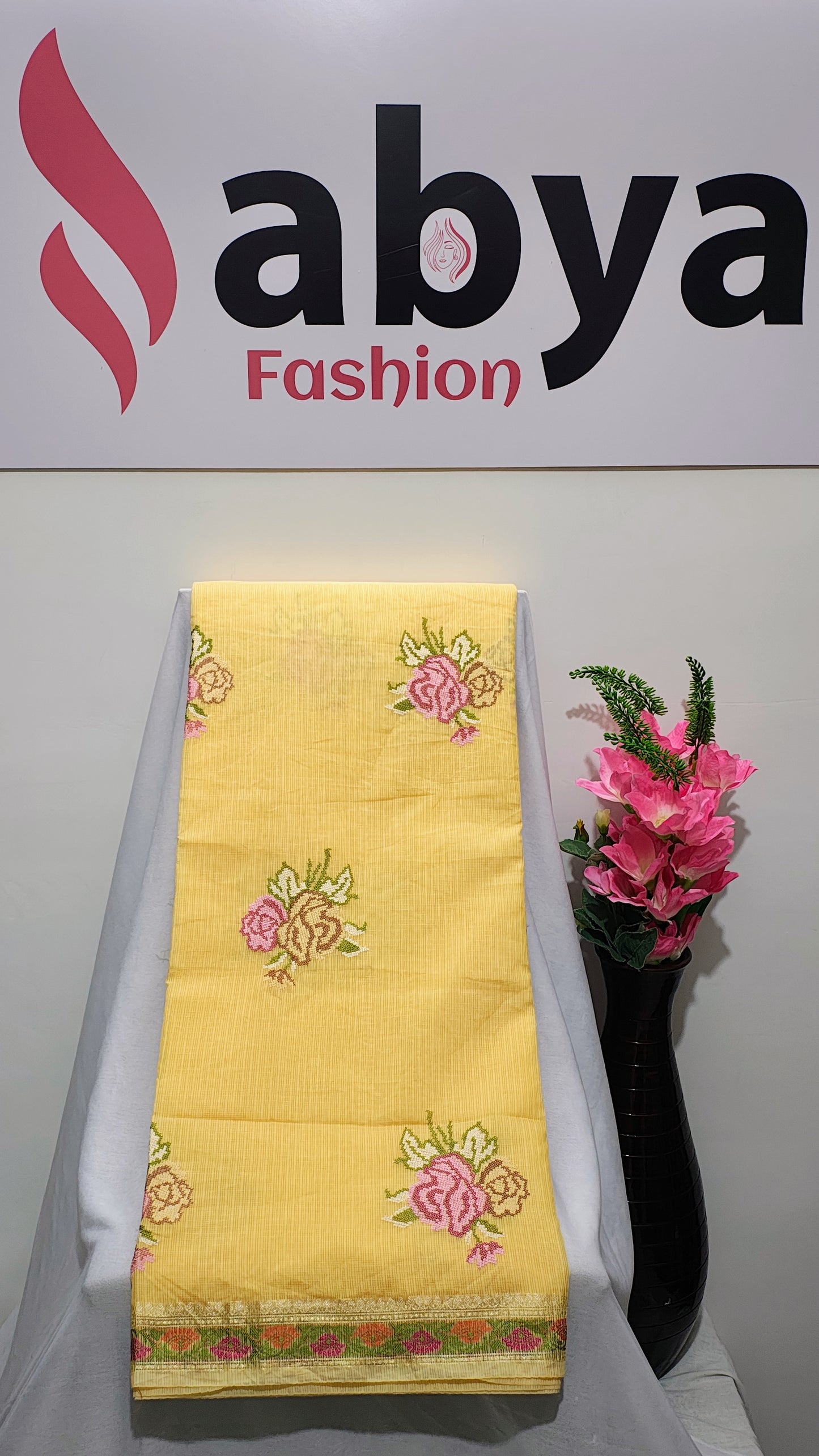 Yellow Kota Doria Embroidery Banarasi Saree