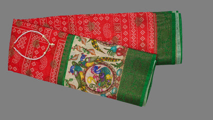 Red Chanderi Cotton Digital Print Banarasi Saree