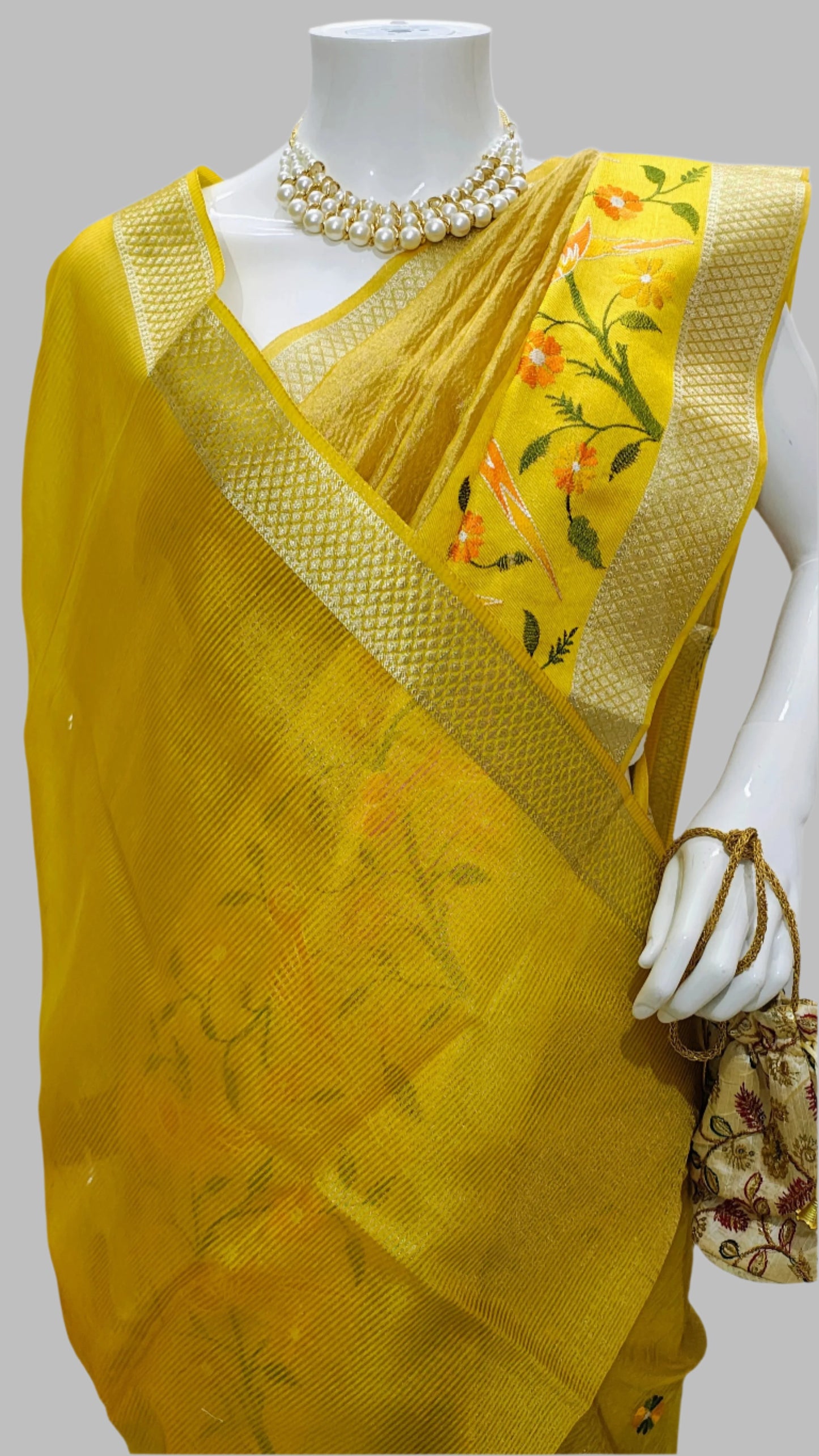 Tissue Crush Yellow Designer Saree With Unstitched Blouse