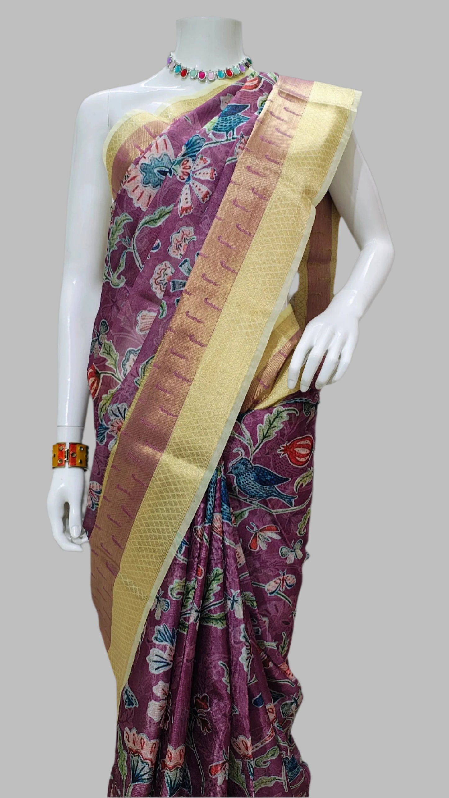 Purple Worm Silk Muniya Digital Print Banarasi Saree