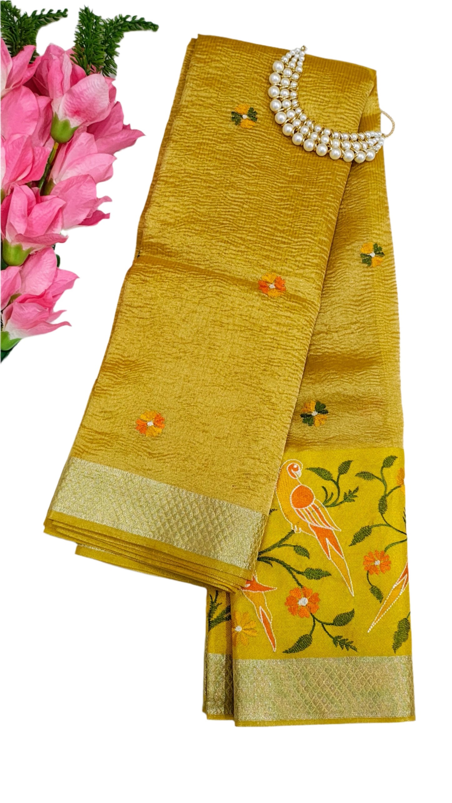 Tissue Crush Yellow Designer Saree With Unstitched Blouse