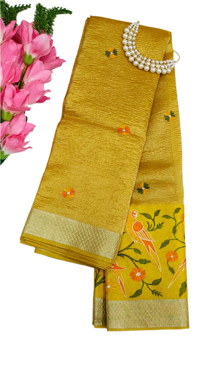 Tissue Crush Yellow Designer Saree With Unstitched Blouse