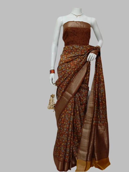 Assam Silk Kalamkari Print Banarasi Saree With Unstitched Blouse