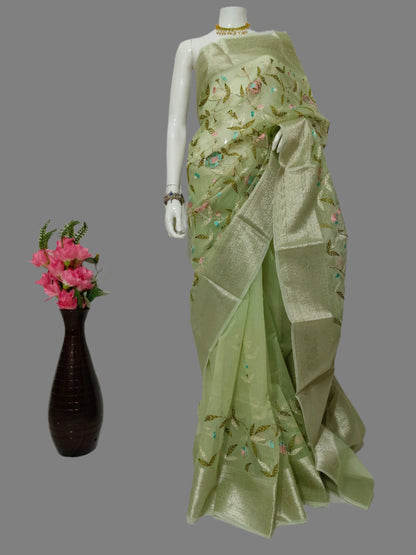 Banarasi Kora Rich Embroidery Green Silk Saree With Unstitched Blouse