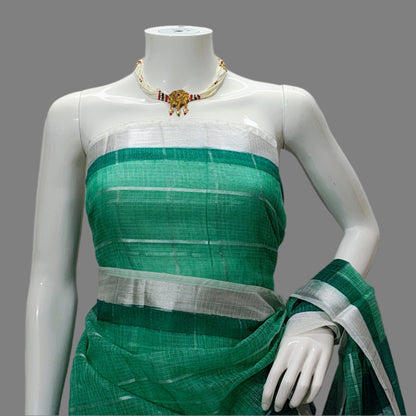 Green Kota Doria Hand Printed Banarasi Saree