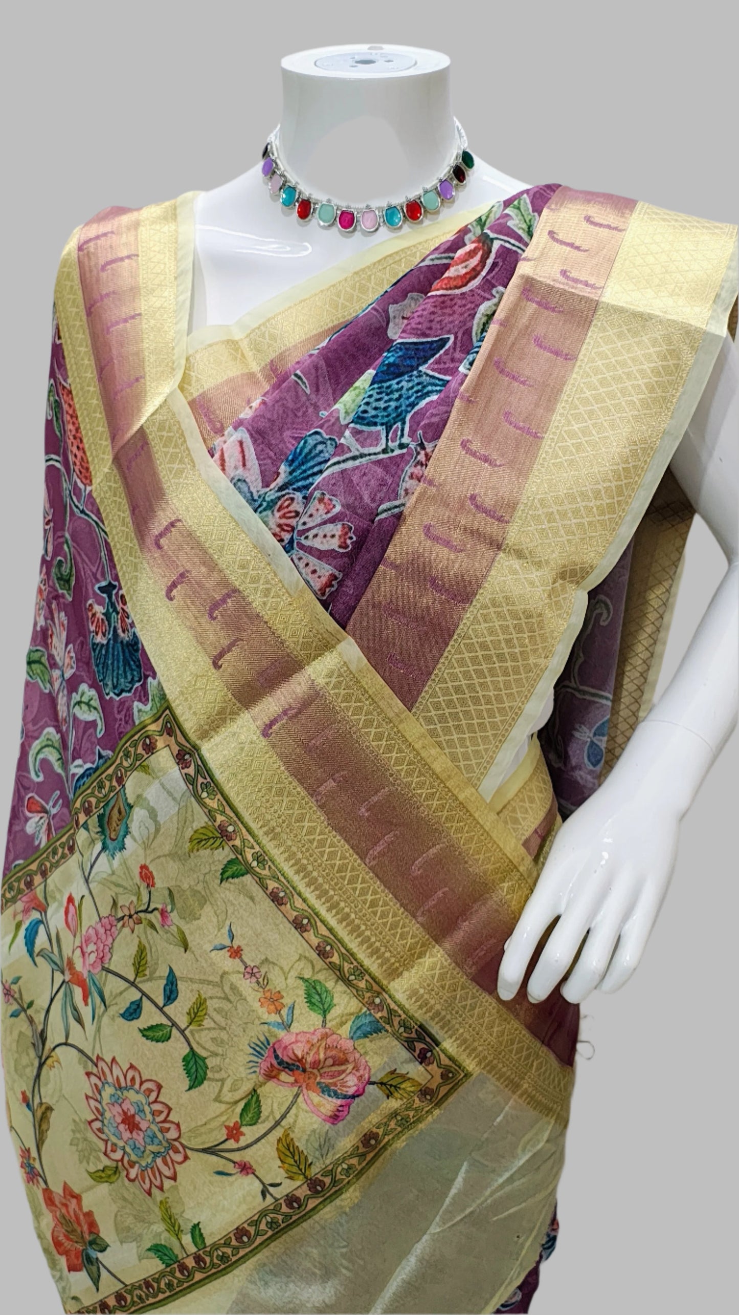 Purple Worm Silk Muniya Digital Print Banarasi Saree