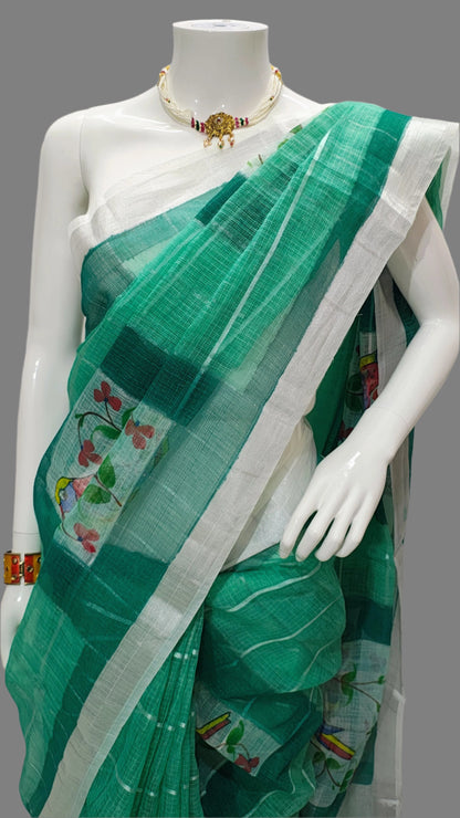 Green Kota Doria Hand Printed Banarasi Saree