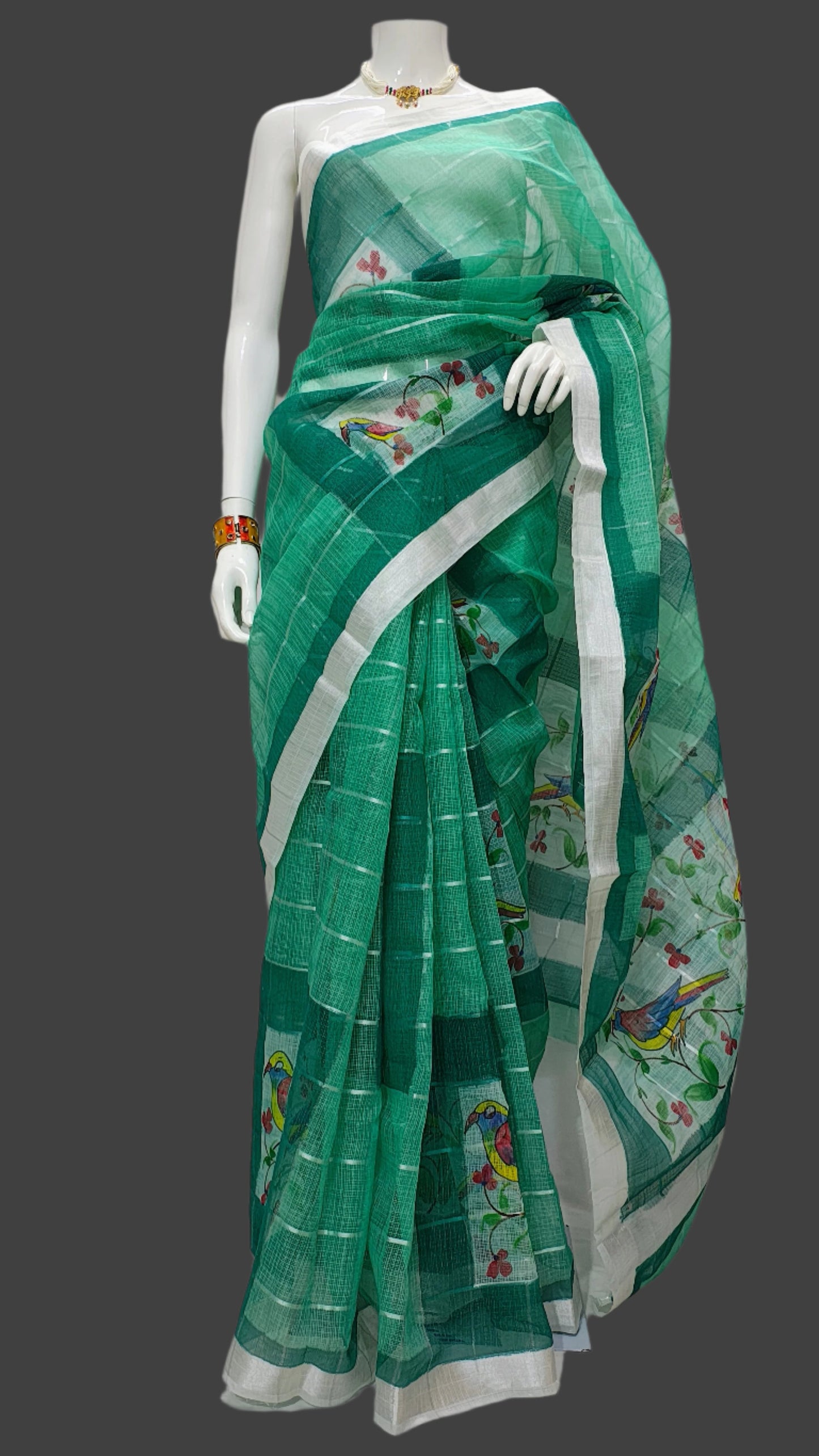 Green Kota Doria Hand Printed Banarasi Saree