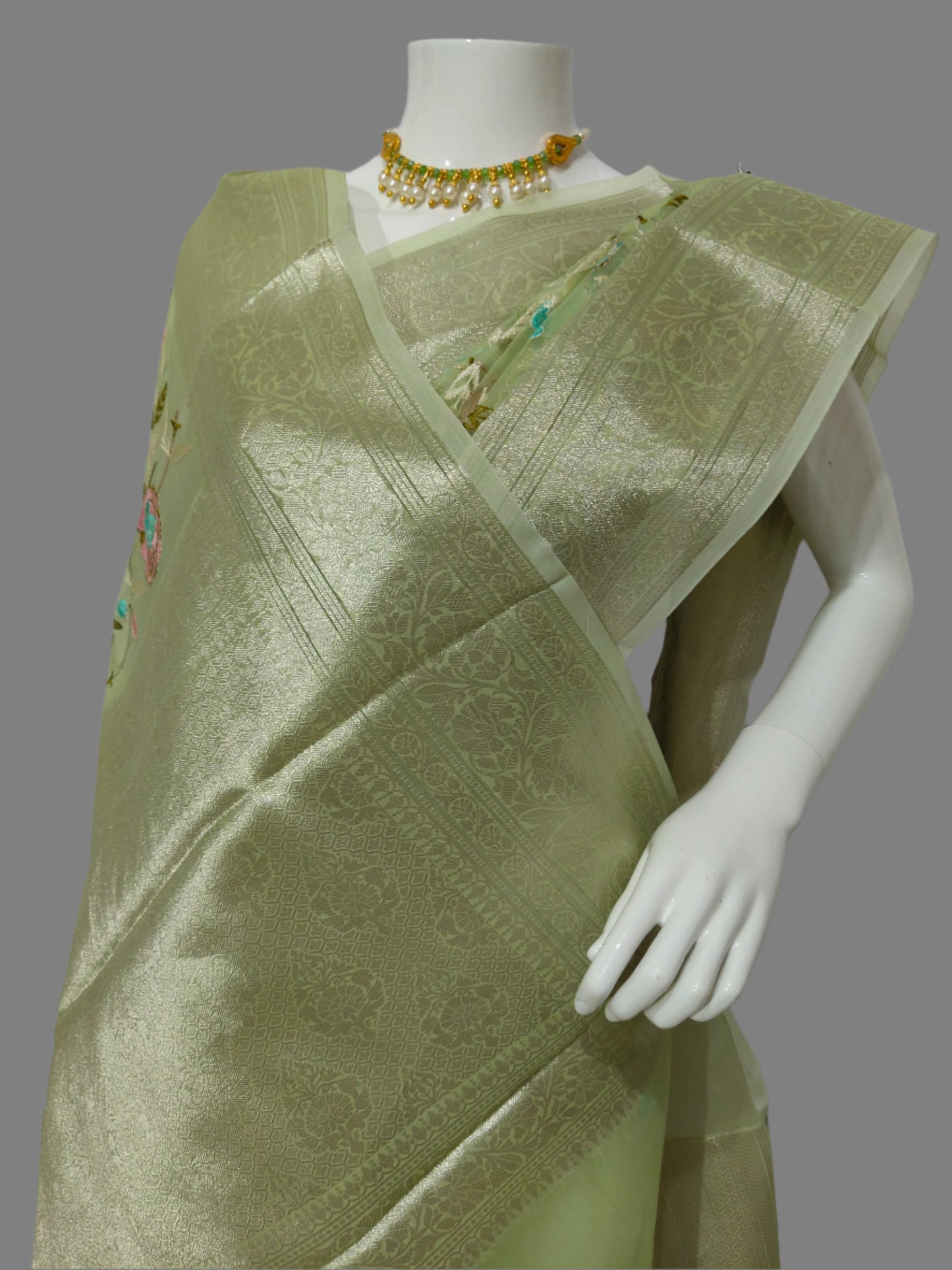 Banarasi Kora Rich Embroidery Green Silk Saree With Unstitched Blouse