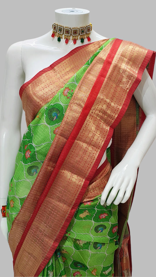 Green Kota Doria Kalamkari Digital Print Banarasi Saree With Unstitched Blouse