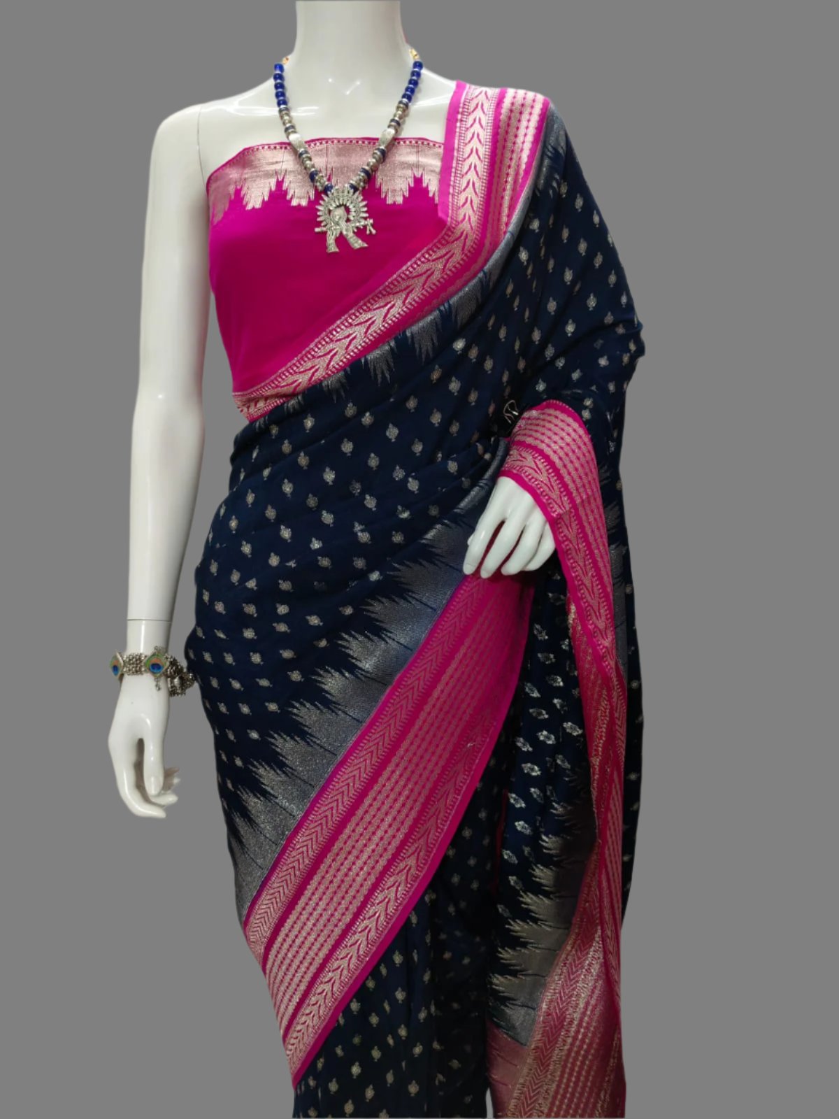 Banarasi Crepe Georgette Blue Saree With Unstitched Blouse