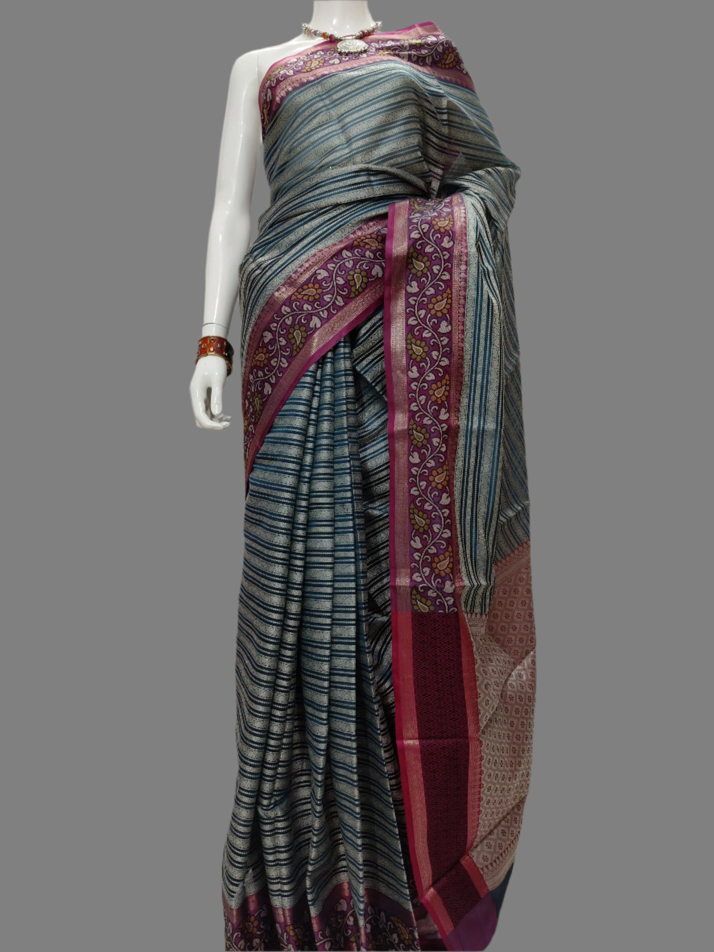 Banarasi Semi Silk Kalamkari Green Saree With Unstitched Blouse