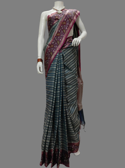 Banarasi Semi Silk Kalamkari Green Saree With Unstitched Blouse