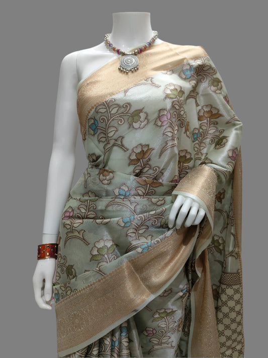 Banarasi Light Green Tissue Kalamkari Saree With Unstitched Blouse