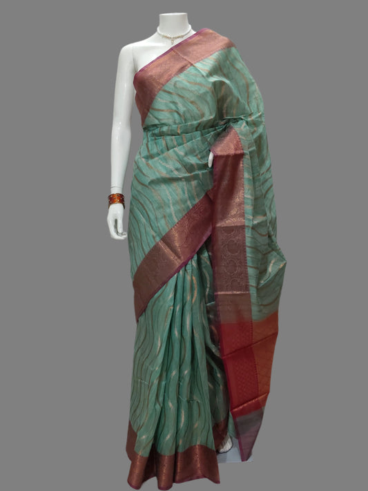 Banarasi Raw Silk Green Saree With Unstitched Blouse