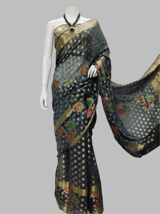 Banarasi Tussar Silk Meena Weaving Saree With Unstitched Blouse