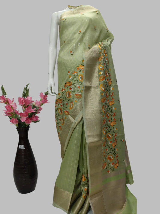 Light Green Linen Tissue Embroidery Banarasi Saree