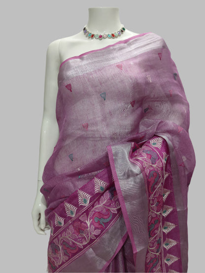 Tissue Linen Cotton Embroidery Banarasi Saree